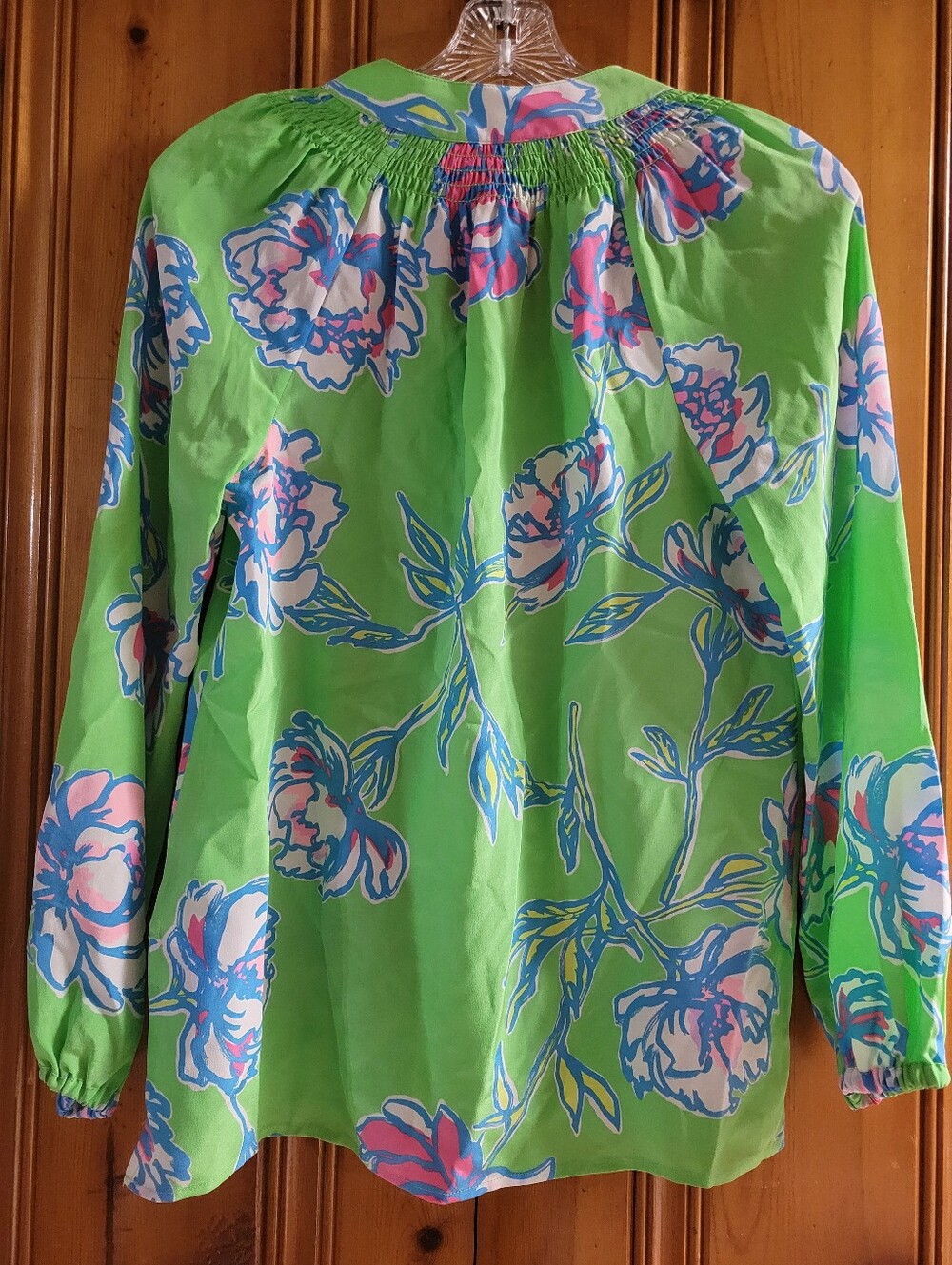 Lilly Pulitzer Green Floral Smocked-Neck Blouse